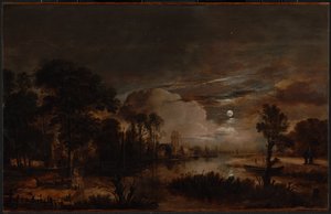 Paisagem enluarada com vista para o novo Rio Amstel e Castelo Kostverloren